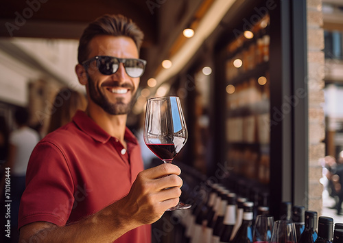 Smiling man holding wine glass enjoys indoor celebration generated by AI