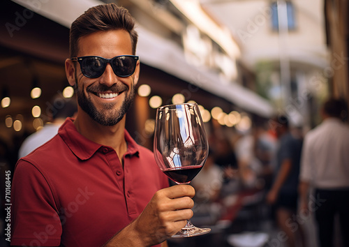 Smiling man enjoying wine at elegant bar generated by AI