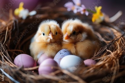 Two chickens in a nest with eggs. Easter card, holiday banner