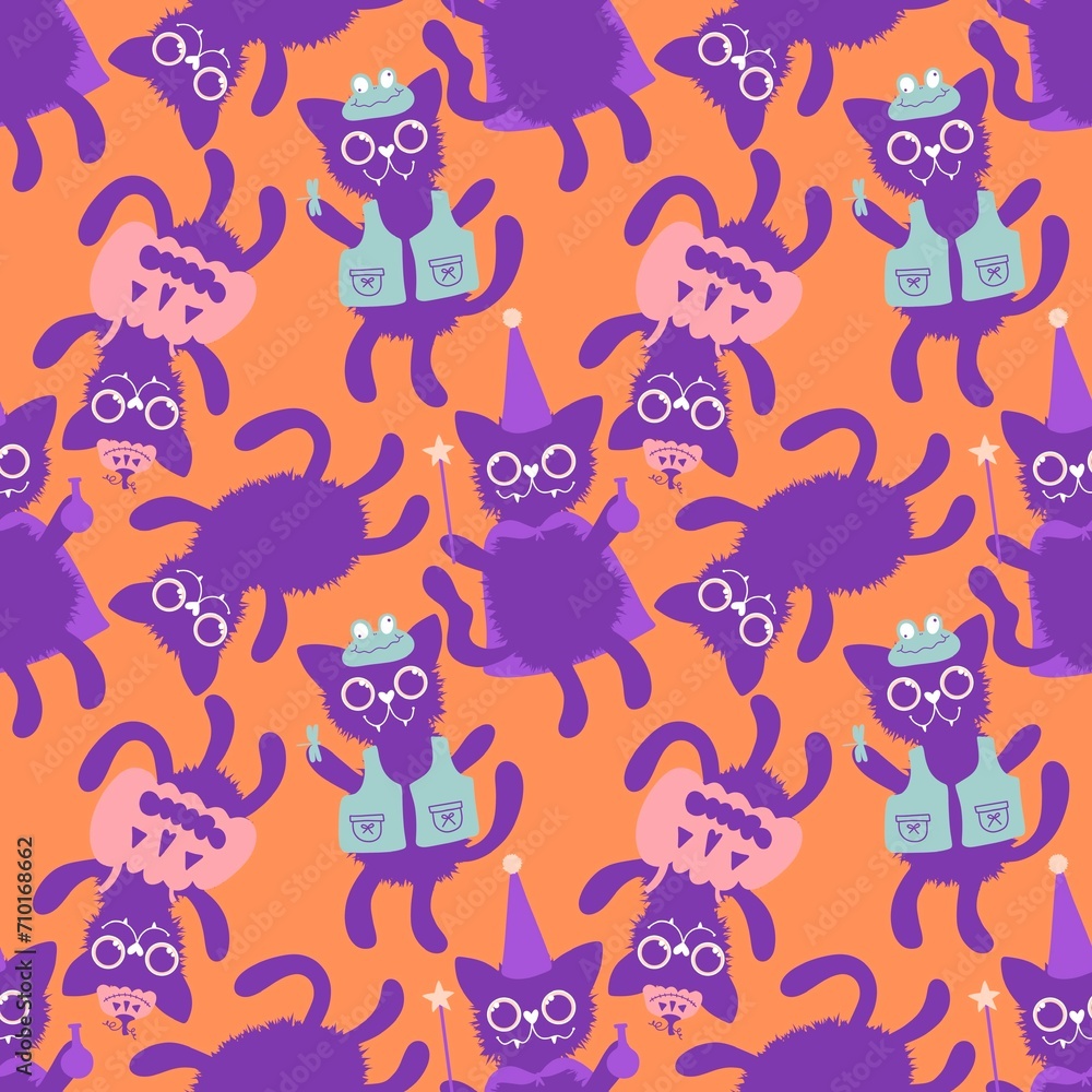 Halloween cats seamless cartoon animals carnival frogs and pumpkins and wizard pattern for wrapping paper