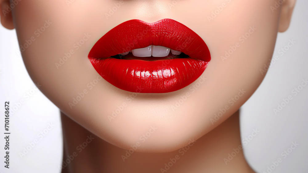 Women's lips, lip color template. Closeup shot of beautiful female lips with red glossy lips makeup. Red lipstick on white background. Beautiful female lips with red lipstick. A solemn feminine look. Women's lips, lip color template. Closeup shot of beautiful female lips with red glossy lips makeup. Red lipstick on white background. Beautiful female lips with red lipstick. A solemn feminine look.