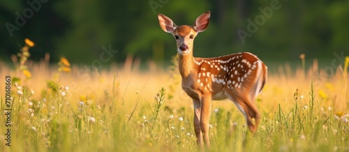 Whitetailed deer fawn in a field during summer.