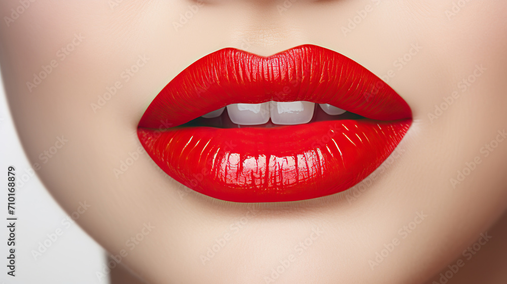 Obraz premium Sensual Open Mouth. lipstick or Lip-glos. Beauty Model Woman's Face close-up. Detailed shot of females lips wearing lipstick. Beauty woman with smooth skin and natural lip created on white background.