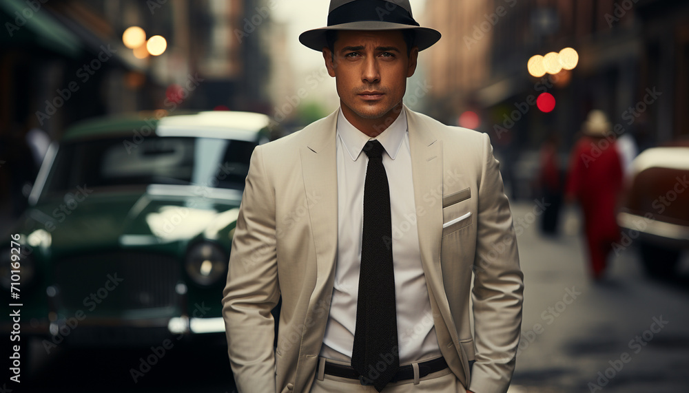 Confident businessman in suit, standing, looking at camera generated by AI Confident businessman in suit, standing, looking at camera generated by AI
