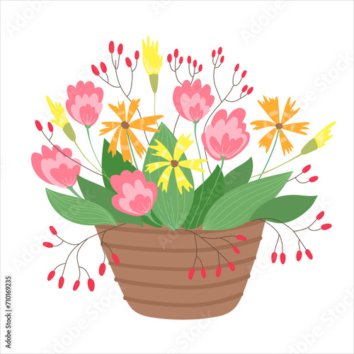 Spring flowers in basket isolated in flat cartoon design. Beautiful colorful blooming bouquet with abstract blossoms, herbs and wildflower for springtime. Vector illustration isolated composition