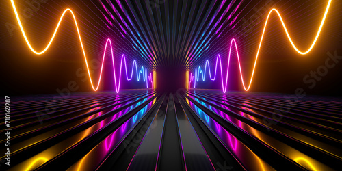 Fototapeta Naklejka Na Ścianę i Meble -  Sci Fi neon glowing lines in a dark tunnel. Reflections on the floor and ceiling. Empty background in the center. 3d rendering image. Abstract glowing lines. Technology futuristic background.