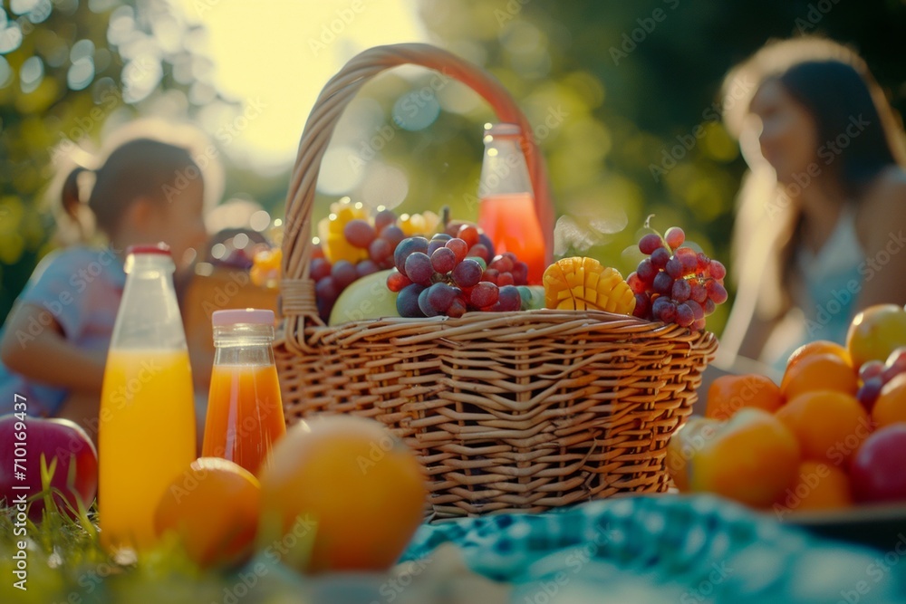 family picnic, featuring a basket filled with assorted fruit juices to share on a sunny day