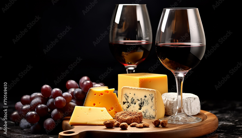 Gourmet meal with wine, cheese, and prosciutto generated by AI