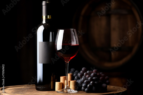 Wine bottle, grape, drink, wood, winery, barrel, liquid generated by AI