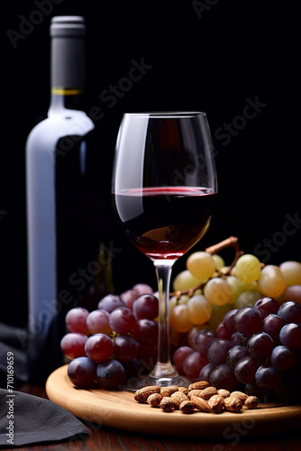 Gourmet wineglass on table, grape and bottle generated by AI