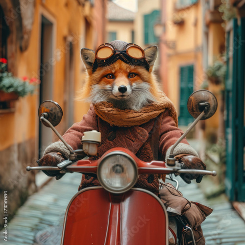 Fox driving on a vespa scooter in a traditional beautiful italian street.  © steevy84