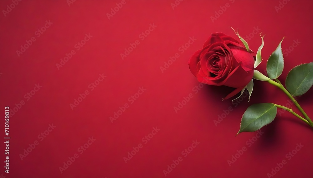 Single red rose on warm velvet background, shadowed on the corners, for valentine's day or weddings  - obrazy, fototapety, plakaty 