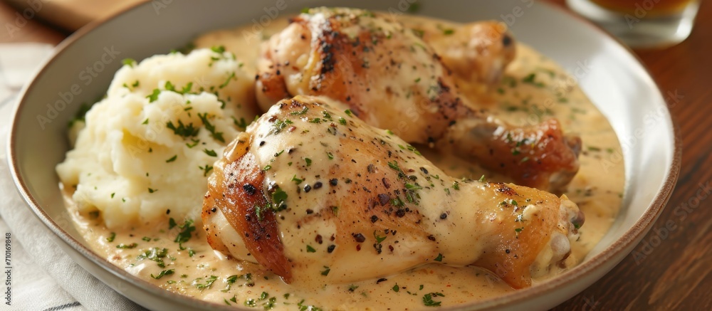 Chicken legs smothered in creamy mustard sauce and paired with mashed potatoes. Chicken legs smothered in creamy mustard sauce and paired with mashed potatoes.