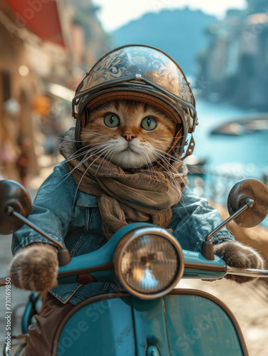 Funny cat in helmet riding on a vespa scooter. 
