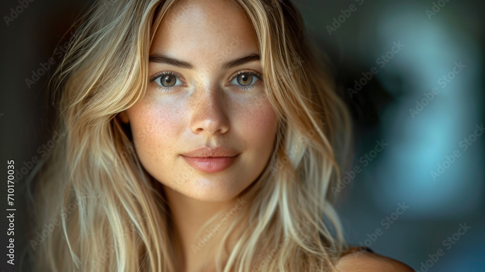 Fototapeta premium Indoor portrait of a female fashion model. She has long blond hair, full lips, and a flawless complexion. Skin care and cosmetics.