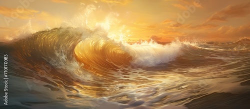 Sunrise at the sea, riding an ocean wave with golden splashes.