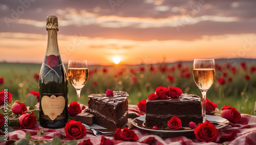 romantic picnic with a bottle of wine and chocolate cake, decorated with roses #710170688