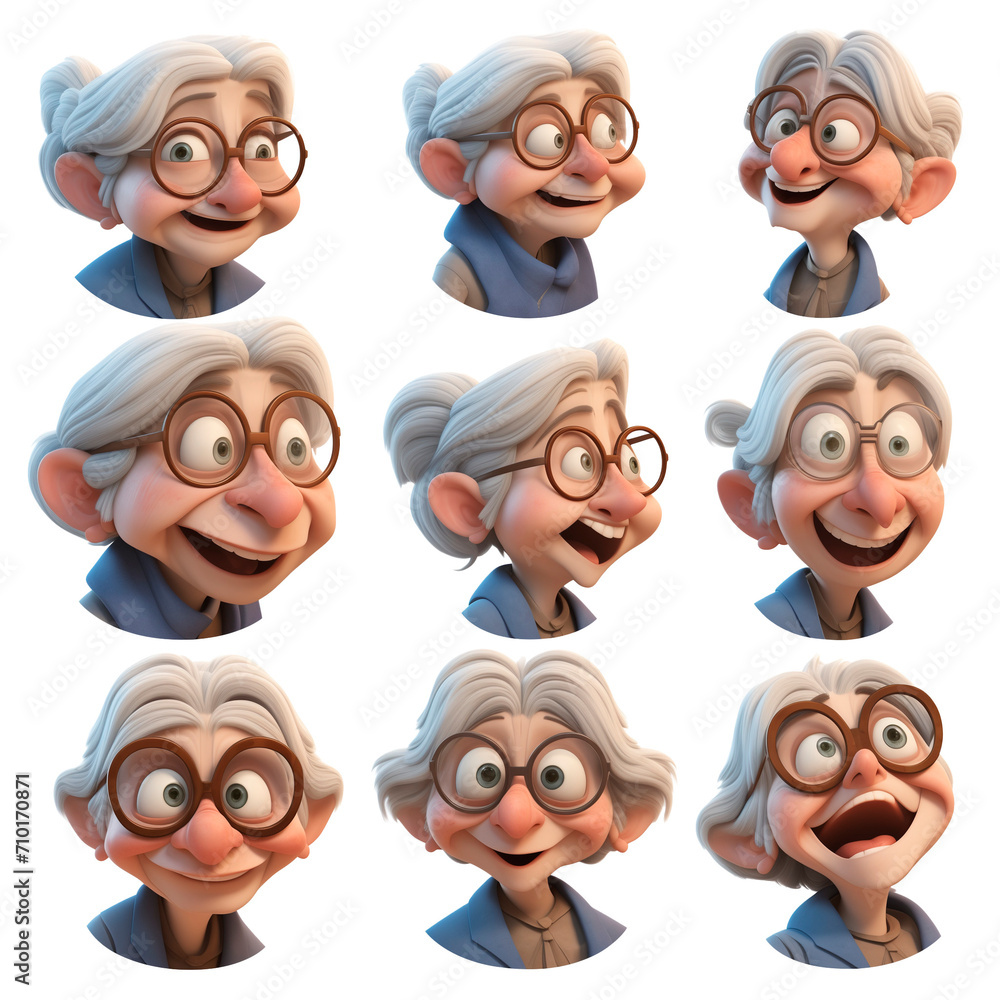 PNG Set of 3D character of an old woman isolated on transparent background PNG Set of 3D character of an old woman isolated on transparent background