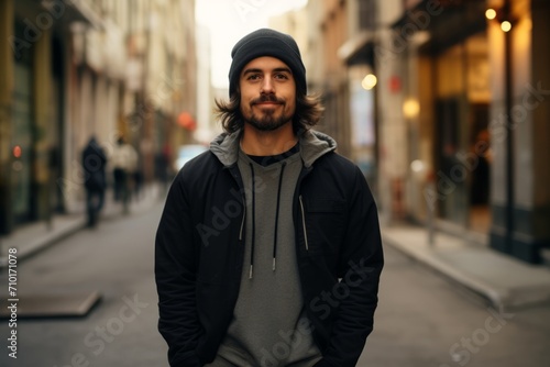 Handsome young man with beard and mustache wearing black hoodie and grey sweatshirt walking on the street in the city.