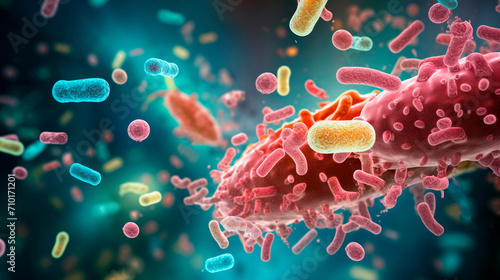 The causative agent of the disease under a microscope. 3D illustration of a gram-negative rod-shaped bacteria with a single polar flagellum. A microscopic view of pathogenic bacteria. 3D illustration. photo
