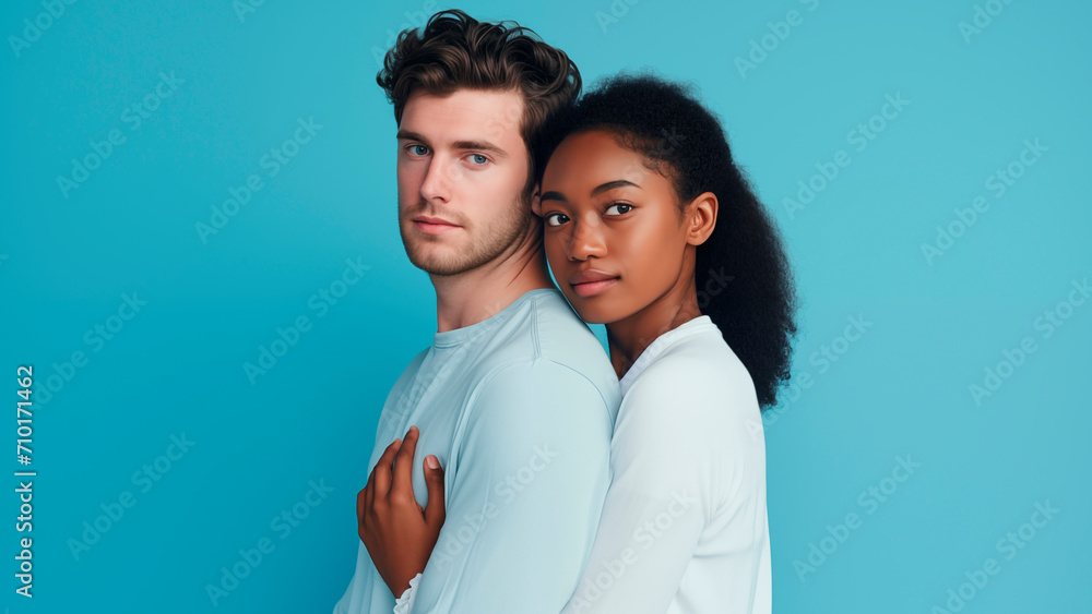 Obraz premium young multiethnic couple hugging and looking at camera isolated on blue