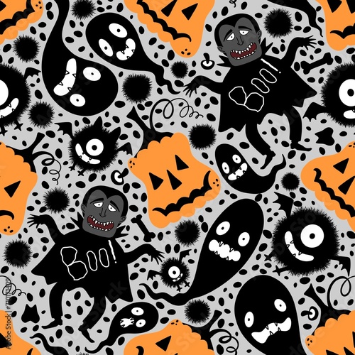 Halloween cartoon doodle seamless vampire and monsters and pumpkins and ghost pattern for wrapping paper