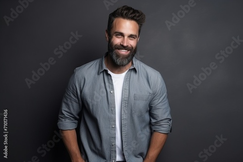 Portrait of a handsome man smiling at the camera against grey background