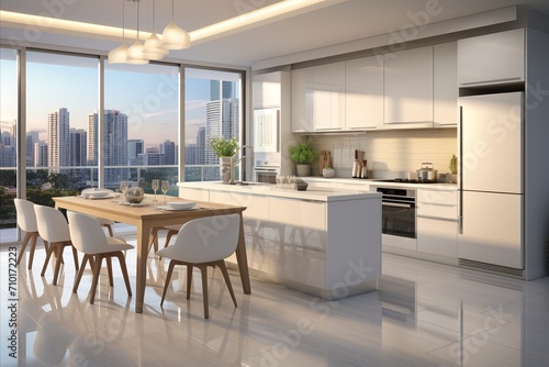 Skyscraper view. modern white kitchen with sunlit interior and captivating sunrise