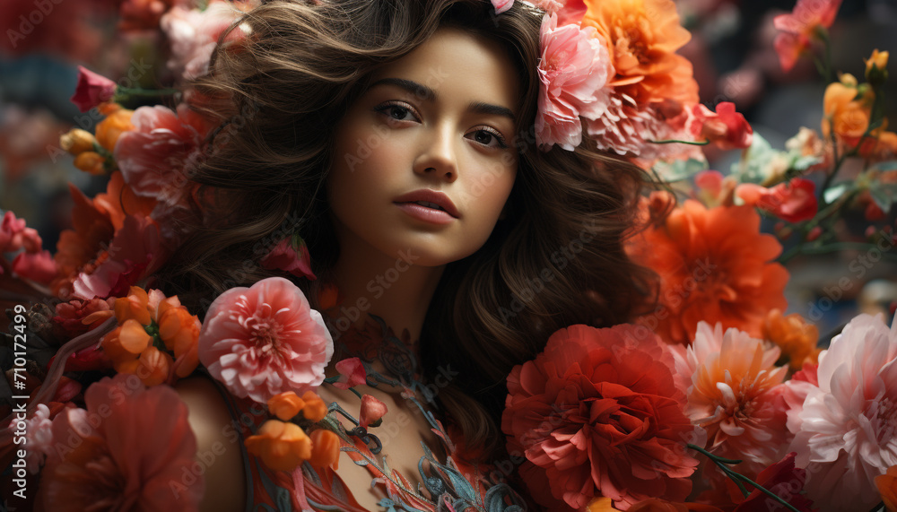 Beautiful woman with long brown hair and flower generated by AI Beautiful woman with long brown hair and flower generated by AI
