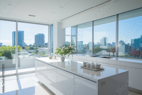 Luxurious modern white kitchen with expansive cityscape view, grand window, and magnificent sunrise
