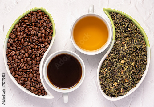 Macro drink photography of coffee  green tea  herb  beans  choice  choose  herbal  caffeine  dry  natural  drink  petal  mug  cup  yin yang