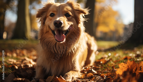 Cute puppy sitting in autumn grass, smiling generated by AI © Jemastock