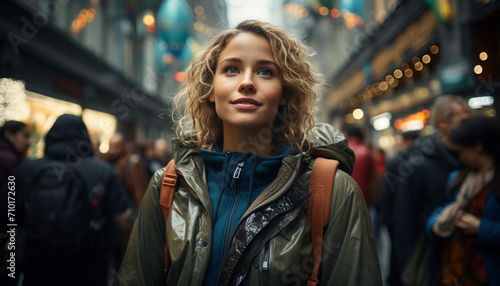 Young woman walking in the city, looking at camera generated by AI
