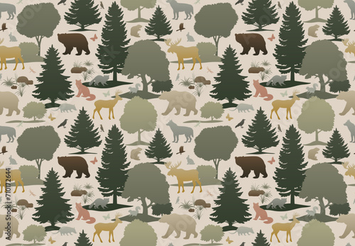 Animals and trees seamless pattern. Silhouette vector illustration on light background. Wallpaper design for home decoration, fabric and print. © Anastasiia Neibauer
