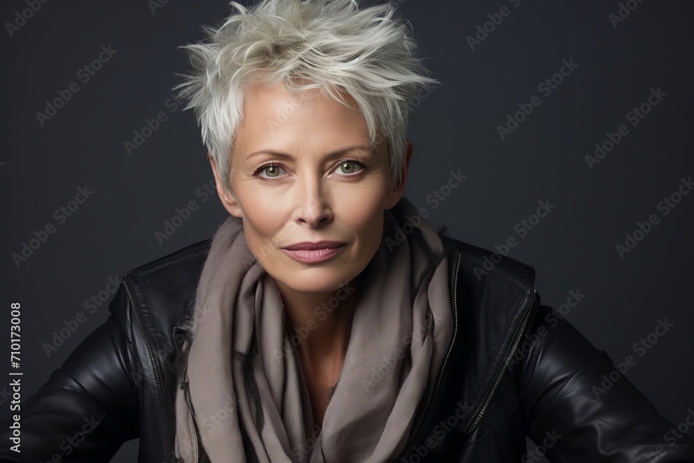 Portrait of a beautiful mature woman with short blond hair wearing a black leather jacket.