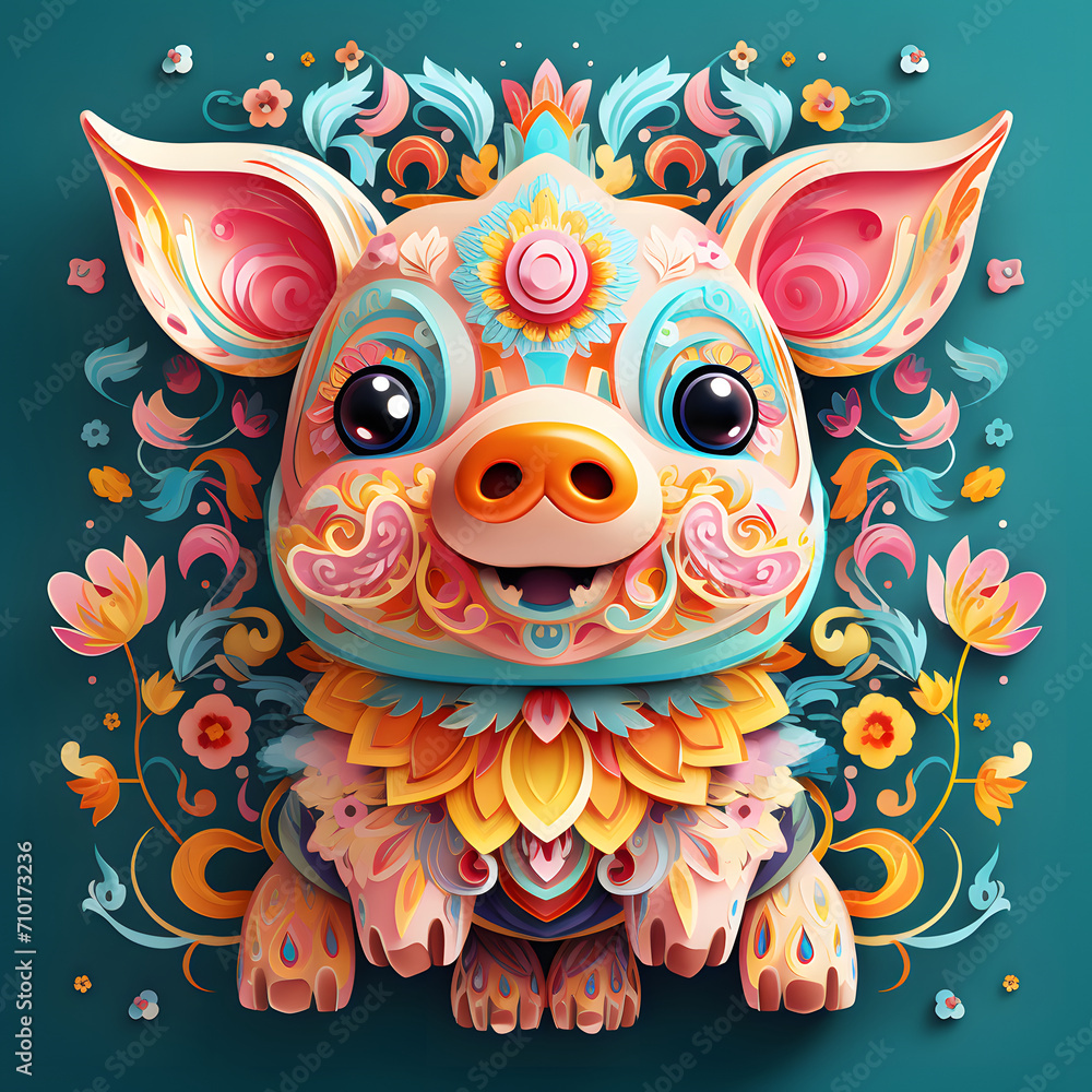 Colorful pig surrounded by an array of intricately designed flowers and leaves. Colorful pig surrounded by an array of intricately designed flowers and leaves.
