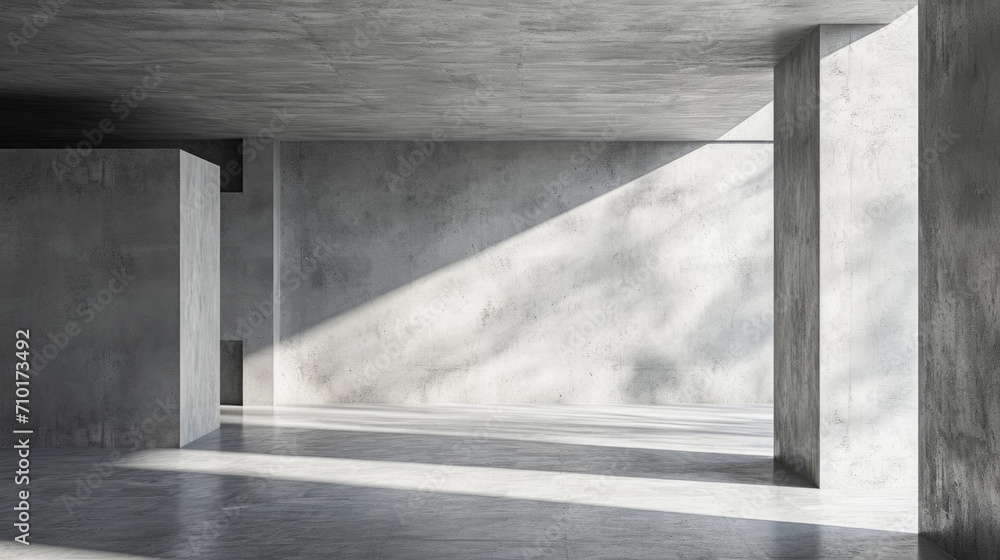 Modern empty space background, abstract room with grey concrete walls and direct daylight, minimal hall interior. Concept of white stone architecture, texture, building, garage