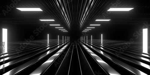 Sci Fi neon glowing lines in a dark tunnel. Reflections on the floor and ceiling. Empty background in the center. 3d rendering image. Abstract glowing lines. Technology futuristic background.