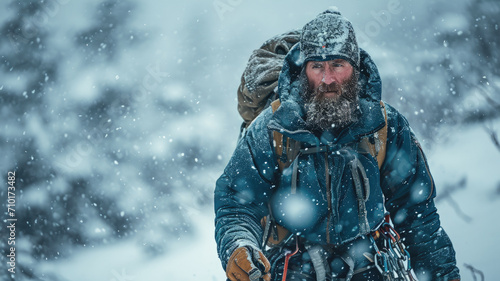 Bearded man hiker walks during storm, portrait of climber with snow on snowstorm background in winter. Concept of cold, ice, sport, climbing, frozen people, travel and frost