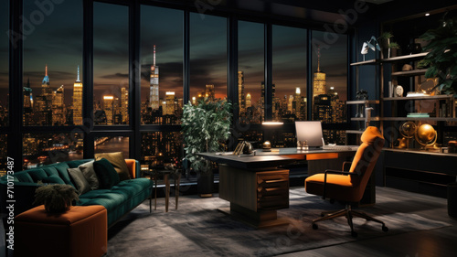 Modern home office interior in skyscraper, dark luxury room with night city view. Stylish apartment with big window and orange green furniture. Concept of contemporary elegant design © scaliger