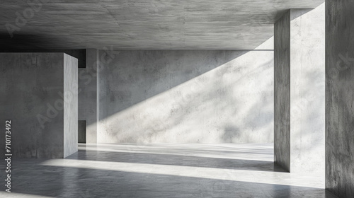 Modern empty space background, abstract room with grey concrete walls and direct daylight, minimal hall interior. Concept of white stone architecture, texture, building, garage © scaliger