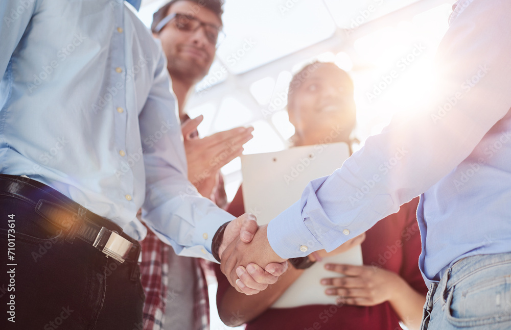 Obraz premium Portrait of a businessman and business woman discussing and cheering with agreement for success.