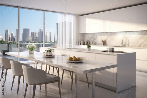 Contemporary kitchen with big window in skyscraper. white-themed interior with sunrise view