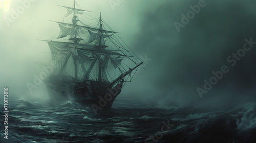 A wooden tall ship navigates through thick, rolling fog over a turbulent ocean, creating an ominous and foreboding atmosphere