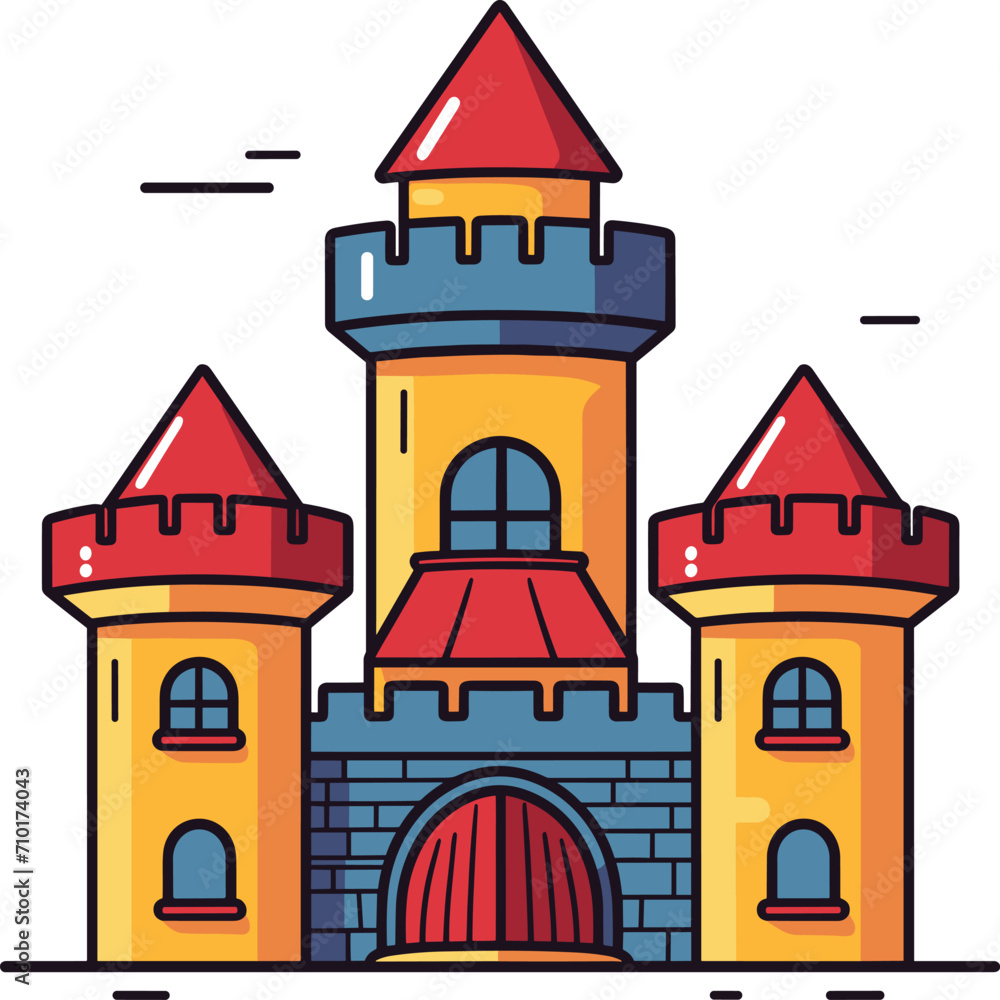 Colorful cartoon castle with red and blue rooftops. Fairytale medieval stronghold with towers. Fantasy kingdom architecture, vector illustration.