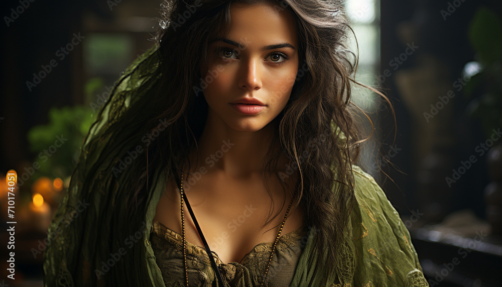 Young woman with long brown hair looking at camera generated by AI Young woman with long brown hair looking at camera generated by AI