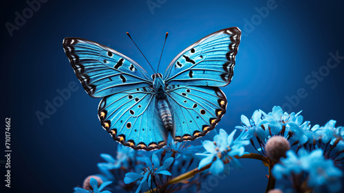 Beautiful blue butterfly on blue flowers on a blue bokeh background. Generated by artificial intelligence