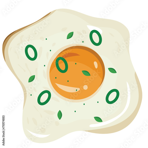 chicken, fried egg for breakfast with runny yolk, sprinkled with green onions and greens for menu, vector