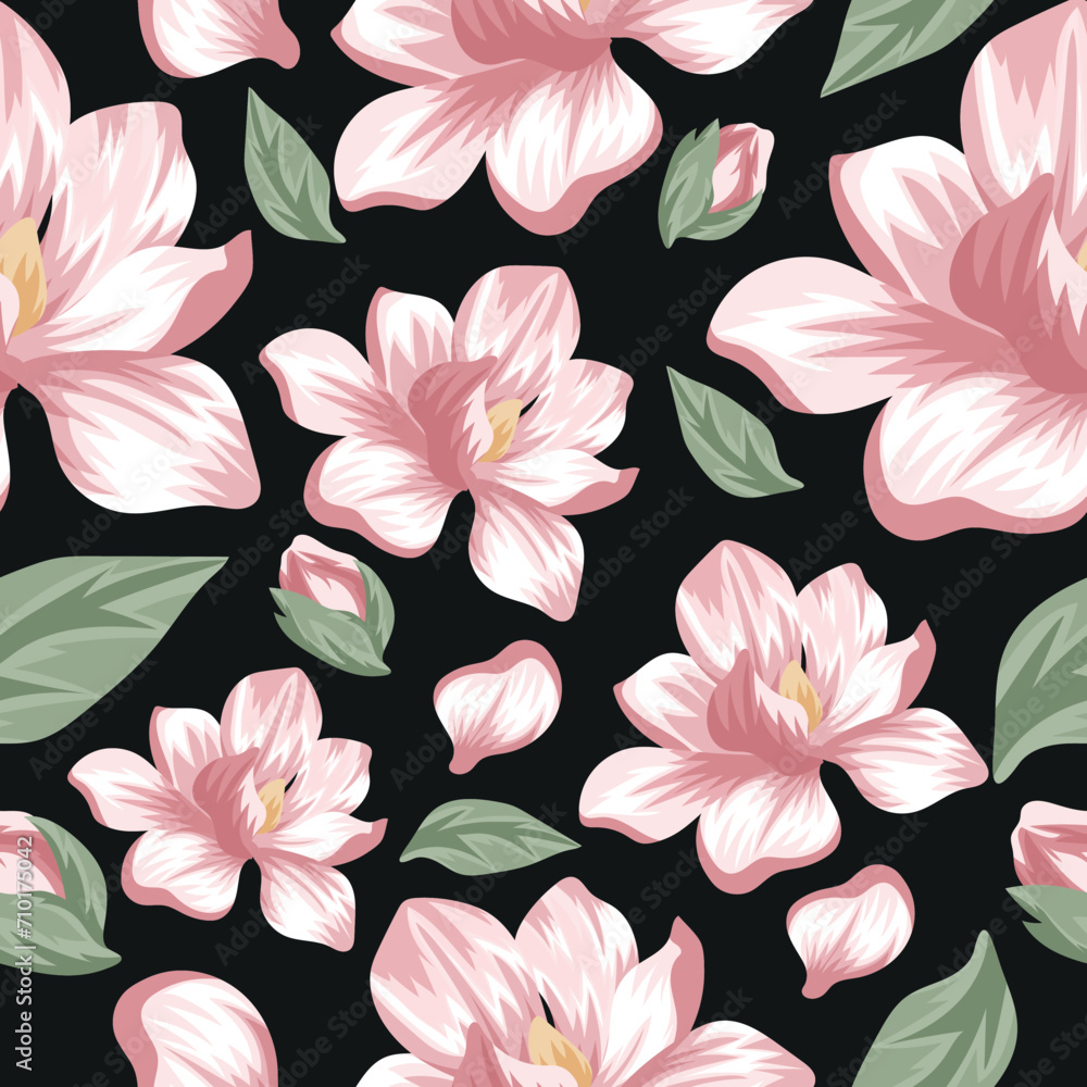 seamless pattern of blooming magnolia tree, namely open flower bud, unopened bud and green tree leaves in spring time, vector seamless pattern of blooming magnolia tree, namely open flower bud, unopened bud and green tree leaves in spring time, vector