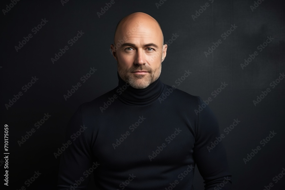 Portrait of a handsome bald man in a black turtleneck